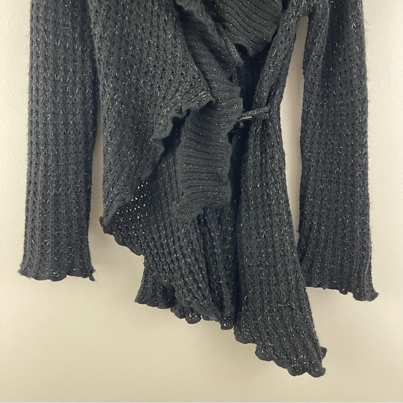 SAY WHAT? Vintage Y2K 2000 Black Crochet Knit Asymmetrical Hem Cardigan Sweater - Picture 6 of 14